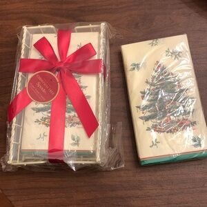 Spode Xmas Tree Guest Towels w Caddy & BONUS: Xtra pack of Napkins. Total 56